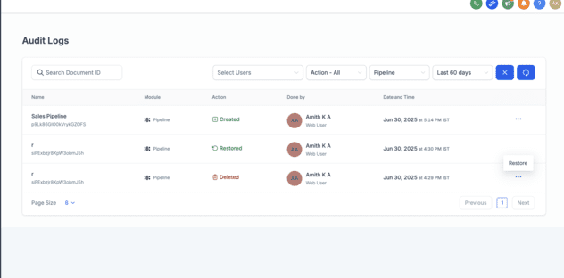 Ellipsis Menu for Pipeline Restoration Screenshot of Audit Logs interface with user actions listed.