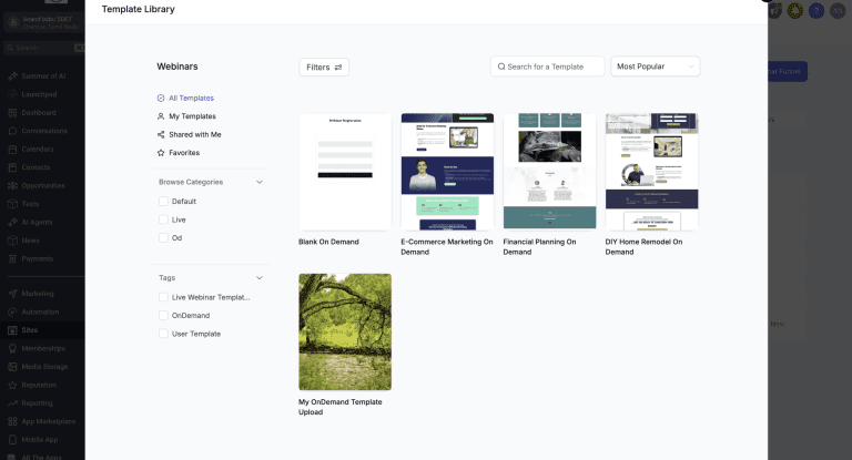 Webinar Template Selection Screenshot of a webinar template library interface