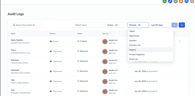 Pipeline Filter in Module Dropdown Screenshot of software audit logs interface with filters