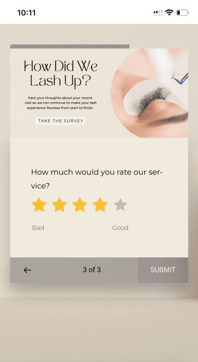 Customer survey on eyelash service with star rating