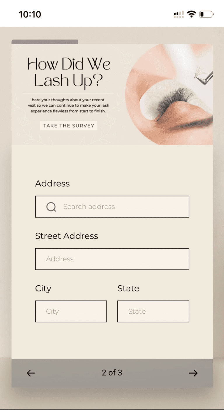 Survey form for lash service feedback on mobile screen